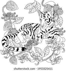 Art therapy coloring page. Coloring Book for adults and children. Colouring pictures with tiger. Antistress freehand sketch drawing with doodle and zentangle elements.