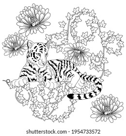 Art therapy coloring page. Coloring Book for adults and children. Colouring pictures with tiger. Antistress freehand sketch drawing with doodle and zentangle elements.