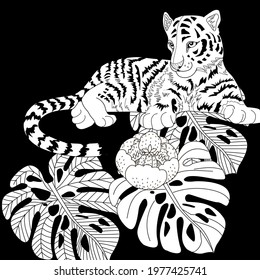 Art therapy coloring page. Coloring Book for adults and children. Colouring pictures with tiger. Antistress freehand sketch drawing with doodle and zentangle elements.