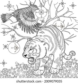 Art therapy coloring page. Coloring Book for adults and children. Colouring pictures with tiger. Antistress freehand sketch drawing with doodle and zentangle elements.