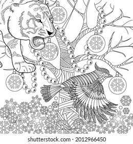 Art therapy coloring page. Coloring Book for adults and children. Colouring pictures with tiger. Antistress freehand sketch drawing with doodle and zentangle elements.