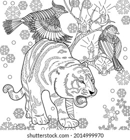 Art therapy coloring page. Coloring Book for adults and children. Colouring pictures with tiger. Antistress freehand sketch drawing with doodle and zentangle elements.