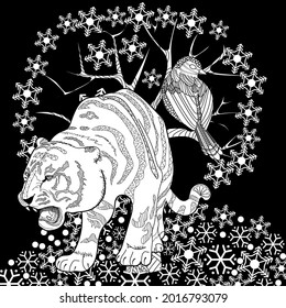 Art therapy coloring page. Coloring Book for adults and children. Colouring pictures with tiger. Antistress freehand sketch drawing with doodle and zentangle elements.