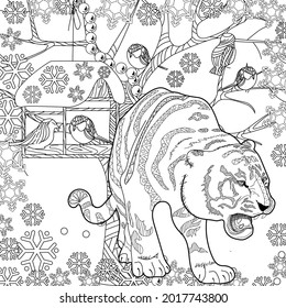 Art therapy coloring page. Coloring Book for adults and children. Colouring pictures with tiger. Antistress freehand sketch drawing with doodle and zentangle elements.