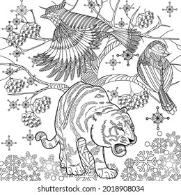 Art therapy coloring page. Coloring Book for adults and children. Colouring pictures with tiger. Antistress freehand sketch drawing with doodle and zentangle elements.