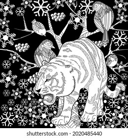 Art therapy coloring page. Coloring Book for adults and children. Colouring pictures with tiger. Antistress freehand sketch drawing with doodle and zentangle elements.