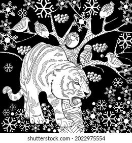 Art therapy coloring page. Coloring Book for adults and children. Colouring pictures with tiger. Antistress freehand sketch drawing with doodle and zentangle elements.