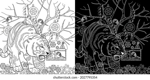 Art therapy coloring page. Coloring Book for adults and children. Colouring pictures with tiger. Antistress freehand sketch drawing with doodle and zentangle elements.