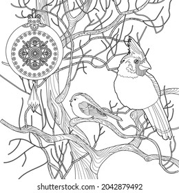 Art therapy coloring page. Coloring book for adults and children. Cardinal birds are a symbol of Christmas. Linear art of engraving. Romantic concept.