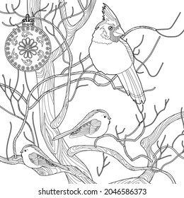 Art therapy coloring page. Coloring book for adults and children. Cardinal birds are a symbol of Christmas. Linear art of engraving. Romantic concept.