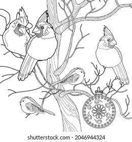 Art therapy coloring page. Coloring book for adults and children. Cardinal birds are a symbol of Christmas. Linear art of engraving. Romantic concept.