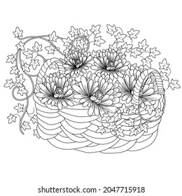 Art therapy coloring page. Coloring Book for children and adults. Basket. The art of linear engraving. Cute  background for wallpaper, gift paper, pattern fills, textile, greetings cards 