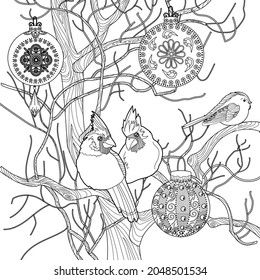 Art therapy coloring page. Coloring book for adults and children. Cardinal birds are a symbol of Christmas. Linear art of engraving. Romantic concept.