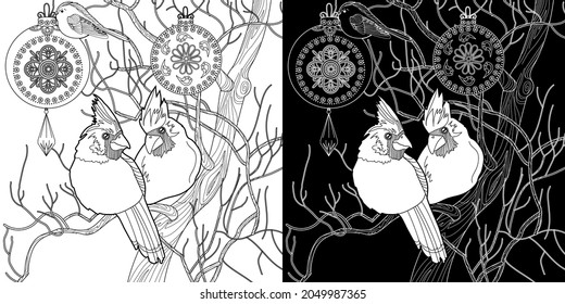 Art therapy coloring page. Coloring book for adults and children. Cardinal birds are a symbol of Christmas. Linear art of engraving. Romantic concept.