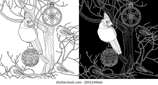 Art therapy coloring page. Coloring book for adults and children. Cardinal birds are a symbol of Christmas. Linear art of engraving. Romantic concept.