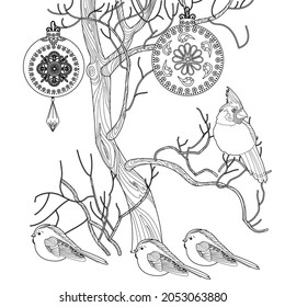 Art therapy coloring page. Coloring book for adults and children. Cardinal birds are a symbol of Christmas. Linear art of engraving. Romantic concept.