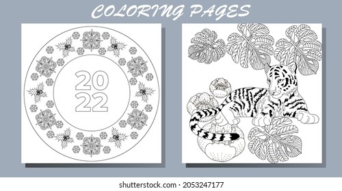 Art therapy coloring page. Coloring Book for adults and children. New Year's drawing and tiger. Linear engraved art.Romantic concept. 