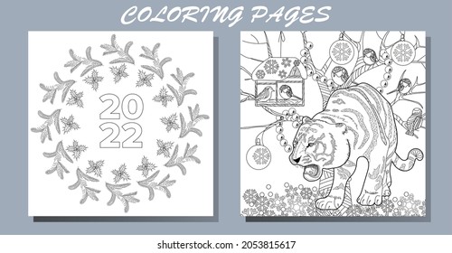 Art therapy coloring page. Coloring Book for adults and children. New Year's drawing and tiger. Linear engraved art.Romantic concept. 