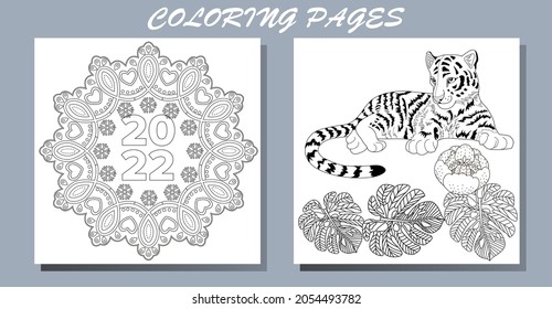 Art therapy coloring page. Coloring Book for adults and children. New Year's drawing and tiger. Linear engraved art.Romantic concept. 