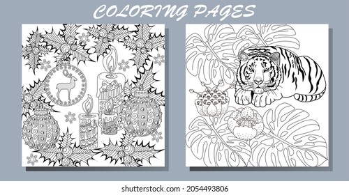 Art therapy coloring page. Coloring Book for adults and children. New Year's drawing and tiger. Linear engraved art.Romantic concept. 