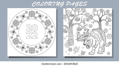 Art therapy coloring page. Coloring Book for adults and children. New Year's drawing and tiger. Linear engraved art.Romantic concept. 