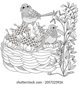 Art therapy coloring page. Coloring Book for children and adults. Basket and birds. The art of linear engraving. Cute  background for wallpaper, gift paper, pattern fills, textile, greetings cards 