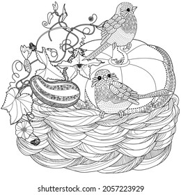 Art therapy coloring page. Coloring Book for children and adults. Basket and birds. The art of linear engraving. Cute  background for wallpaper, gift paper, pattern fills, textile, greetings cards 