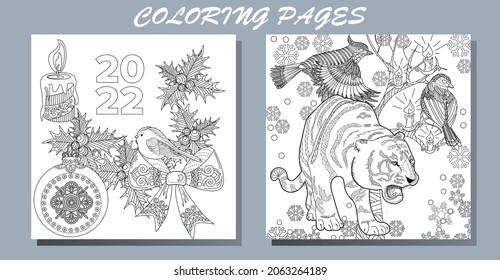 Art therapy coloring page. Coloring Book for adults and children. New Year's drawing and tiger. Linear engraved art.Romantic concept. 