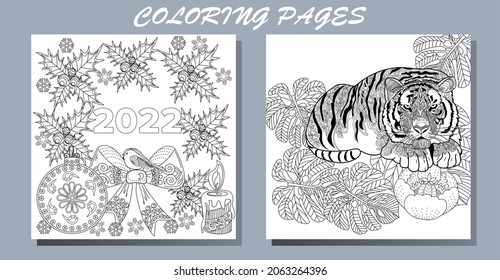 Art therapy coloring page. Coloring Book for adults and children. New Year's drawing and tiger. Linear engraved art.Romantic concept. 