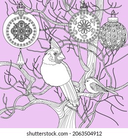 Art therapy coloring page. Coloring book for adults and children. Cardinal birds are a symbol of Christmas. Linear art of engraving. Romantic concept.