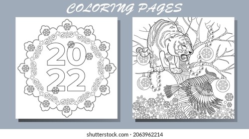 Art therapy coloring page. Coloring Book for adults and children. New Year's drawing and tiger. Linear engraved art.Romantic concept. 