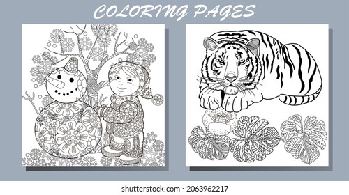 Art therapy coloring page. Coloring Book for adults and children. New Year's drawing and tiger. Linear engraved art.Romantic concept. 