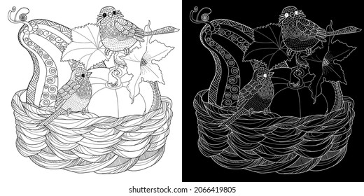 Art therapy coloring page. Coloring Book for children and adults. Basket and birds. The art of linear engraving. Cute  background for wallpaper, gift paper, pattern fills, textile, greetings cards 