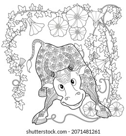 Art therapy coloring page. Coloring Book for children and adults. Colouring pictures with bull. The art of linear engraving.