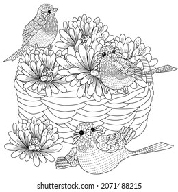 Art therapy coloring page. Coloring Book for children and adults. Basket and birds. The art of linear engraving. Cute  background for wallpaper, gift paper, pattern fills, textile, greetings cards 