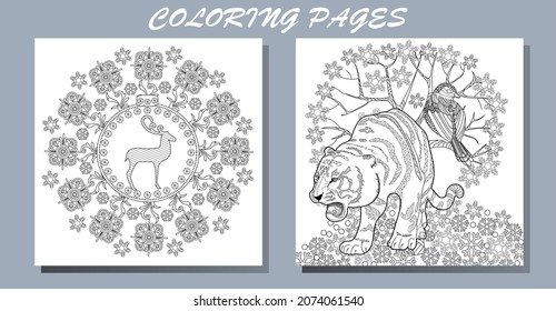 Art therapy coloring page. Coloring Book for adults and children. New Year's drawing and tiger. Linear engraved art.Romantic concept. 