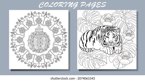 Art therapy coloring page. Coloring Book for adults and children. New Year's drawing and tiger. Linear engraved art.Romantic concept. 