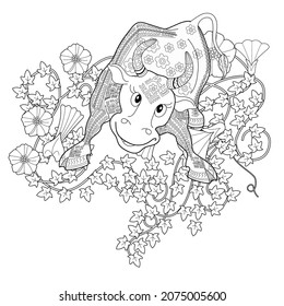 Art therapy coloring page. Coloring Book for children and adults. Colouring pictures with bull. The art of linear engraving.