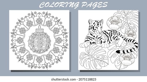 Art therapy coloring page. Coloring Book for adults and children. New Year's drawing and tiger. Linear engraved art. Romantic concept.