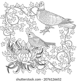 Art therapy coloring page. Coloring Book for adults. Colouring pictures with flowers and birds. Antistress freehand sketch drawing with doodle and zentangle elements.