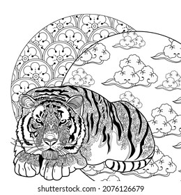 Art therapy coloring page. Coloring Book for adults and children. Colouring pictures with tiger. Antistress freehand sketch drawing with doodle and zentangle elements.