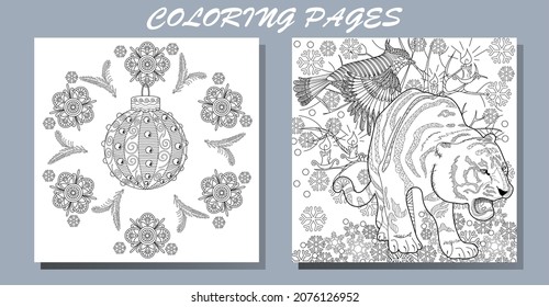 Art therapy coloring page. Coloring Book for adults and children. New Year's drawing and tiger. Linear engraved art. Romantic concept.