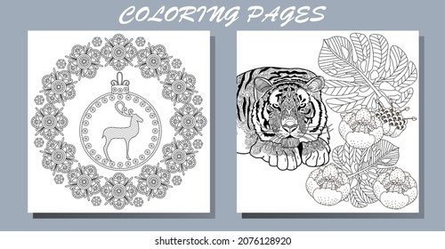 Art therapy coloring page. Coloring Book for adults and children. New Year's drawing and tiger. Linear engraved art. Romantic concept.