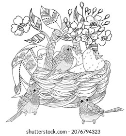 Art therapy coloring page. Coloring Book for children and adults. Basket and birds. The art of linear engraving. Cute  background for wallpaper, gift paper, pattern fills, textile, greetings cards 