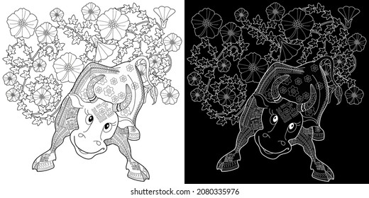 Art therapy coloring page. Coloring Book for children and adults. Colouring pictures with bull. The art of linear engraving. Romantic concept.
