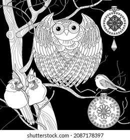 Art therapy coloring page. Coloring book for adults. Coloring pictures with birds on a tree. Anti-stress freehand drawing with doodle and zentangle elements.