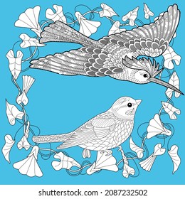 Art therapy coloring page. Coloring Book for adults. Colouring pictures with flowers and birds. Antistress freehand sketch drawing with doodle and zentangle elements.