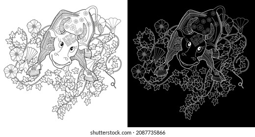 Art therapy coloring page. Coloring Book for children and adults. Colouring pictures with bull. The art of linear engraving. Romantic concept.