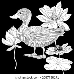 Art therapy coloring page. Coloring Book for adults. Colouring pictures with flowers and birds. Antistress freehand sketch drawing with doodle and zentangle elements.