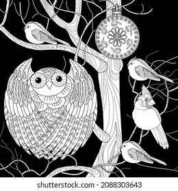 Art therapy coloring page. Coloring book for adults. Coloring pictures with birds on a tree. Anti-stress freehand drawing with doodle and zentangle elements.